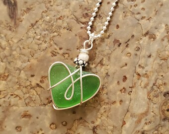 St. Patrick's Day Gift Necklace Kelly Green Seaglass Heart Necklace Dainty Sterling Silver Simple Minimalist Necklace