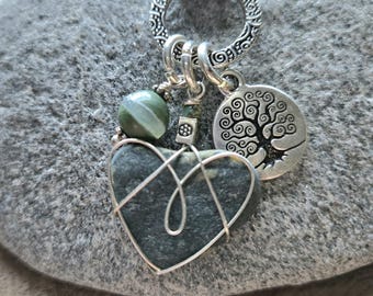 Beach Stone Heart & Tree of Life Pendant Silver Charm Necklace