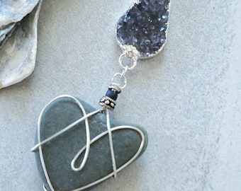 Beach Heart Stone Pendant, Heart Necklace, Druze Sterling Silver Jewelry Gift