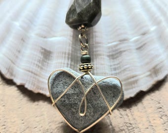 Heart-Shaped Beach Stone Pendant With Obsidian Gemstone For Beach Lover's