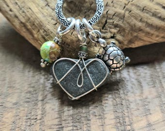 Beach Stone Heart & Sea Turtle Pendant Silver Charm Necklace
