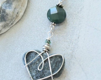 Heart Necklace, Jade Green Heart Pendant, Wire Wrapped Sterling Silver Heart Necklace