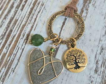 Beach Stone Heart Pendant: Gold Filled Tree of Life Charm Necklace