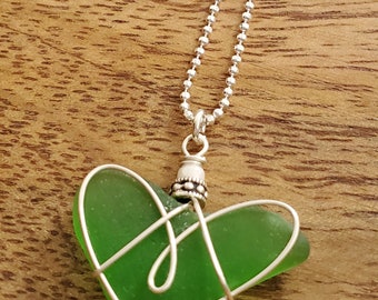 Kelly Green Seaglass Heart Necklace Dainty Sterling Silver Simple Minimalist Necklace  St. Patrick's Day Gift