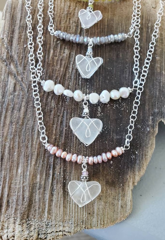 Sea Glass Pendant Pearl Bar Necklace Wire Wrapped Sea Glass Heart