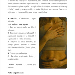 Puede incluir: P&aacute;gina de un libro con texto en espa&ntilde;ol sobre breathwork, con instrucciones y una secci&oacute;n sobre respiraci&oacute;n som&aacute;tica. La imagen incluye un primer plano del torso y las manos de una persona.