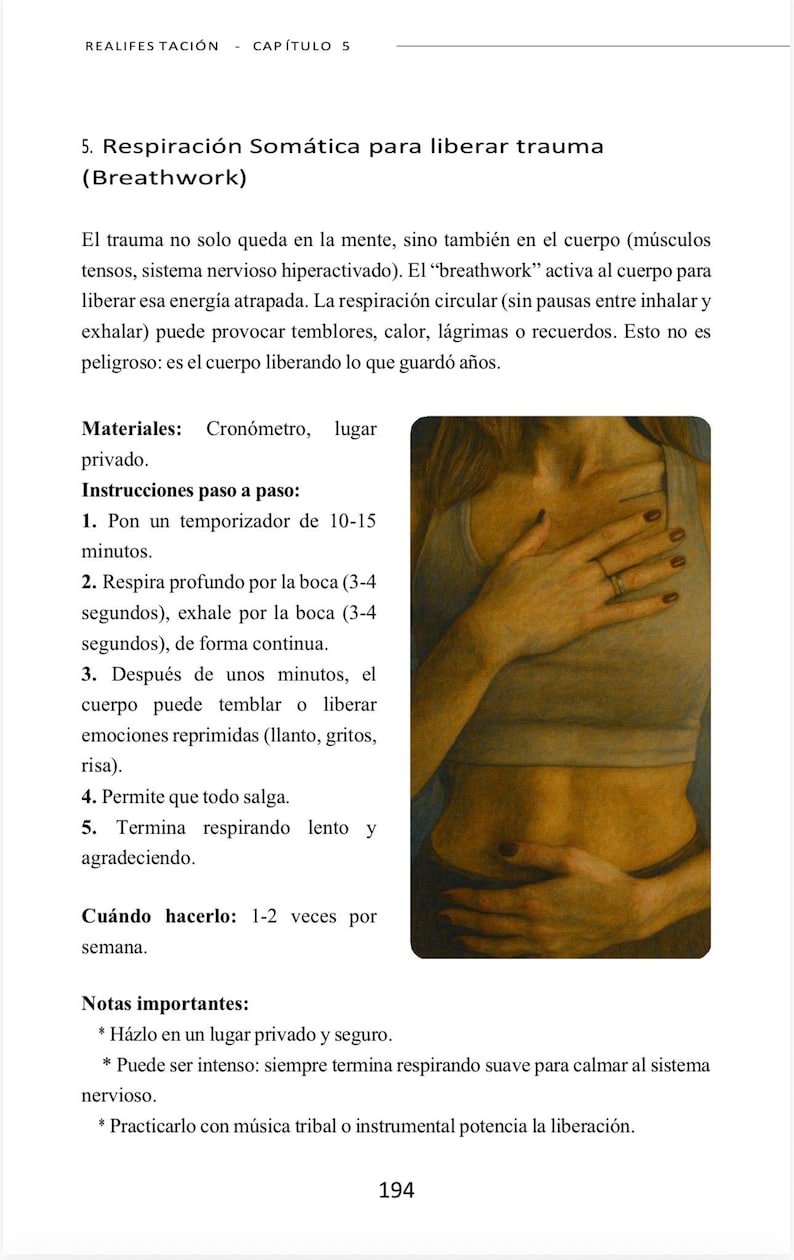 Puede incluir: P&aacute;gina de un libro con texto en espa&ntilde;ol sobre breathwork, con instrucciones y una secci&oacute;n sobre respiraci&oacute;n som&aacute;tica. La imagen incluye un primer plano del torso y las manos de una persona.
