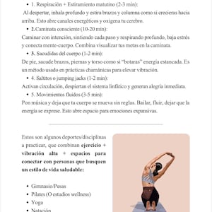 Puede incluir: Una p&aacute;gina de una gu&iacute;a de bienestar en espa&ntilde;ol titulada "Mini Gu&iacute;a de Movimiento Vibracional". La gu&iacute;a enumera ejercicios como respiraci&oacute;n, caminar y yoga. Una ilustraci&oacute;n muestra a una persona estir&aacute;ndose.