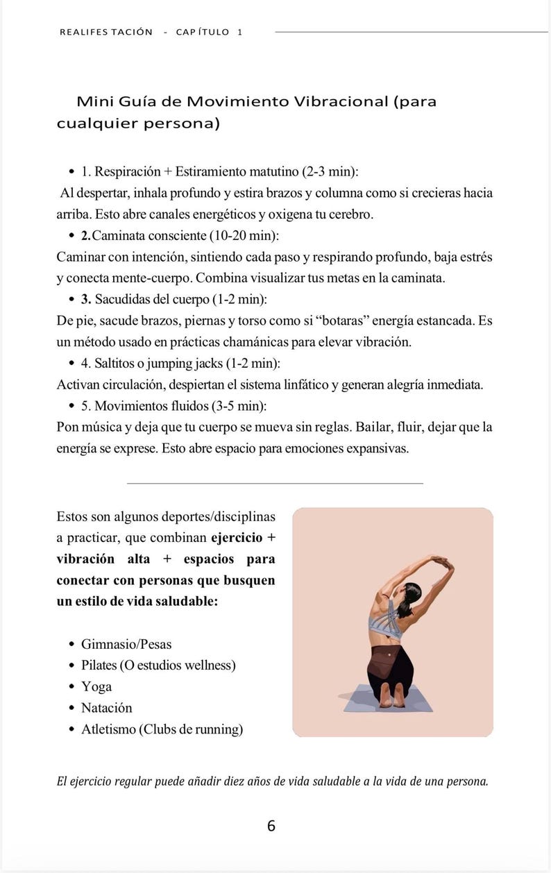 Puede incluir: Una p&aacute;gina de una gu&iacute;a de bienestar en espa&ntilde;ol titulada "Mini Gu&iacute;a de Movimiento Vibracional". La gu&iacute;a enumera ejercicios como respiraci&oacute;n, caminar y yoga. Una ilustraci&oacute;n muestra a una persona estir&aacute;ndose.