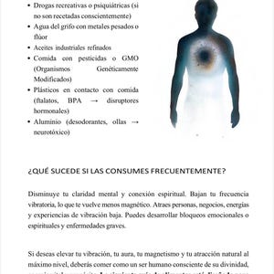 Puede incluir: P&aacute;gina de un libro en espa&ntilde;ol con el t&iacute;tulo "Sustancias T&oacute;xicas Que Destruyen Tu Magnetismo". Incluye una lista de sustancias y la silueta de una persona con un centro brillante.