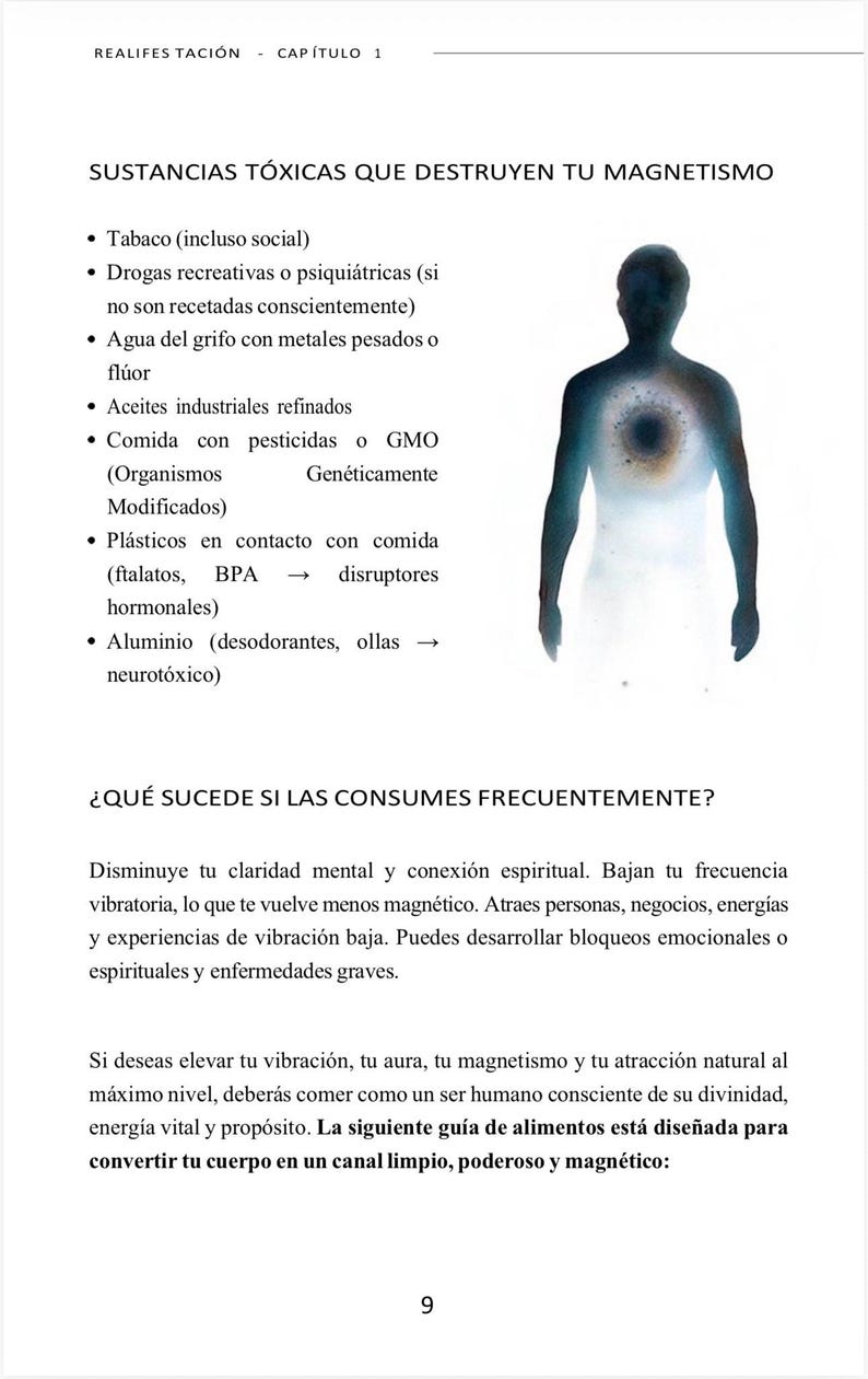 Puede incluir: P&aacute;gina de un libro en espa&ntilde;ol con el t&iacute;tulo "Sustancias T&oacute;xicas Que Destruyen Tu Magnetismo". Incluye una lista de sustancias y la silueta de una persona con un centro brillante.