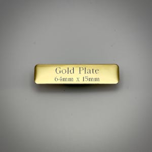 May include: A rectangular gold plate with rounded corners. The text "Gold Plate" is engraved on the surface, along with the dimensions "6.4cm x 1.5cm". The plate has a reflective, polished finish.