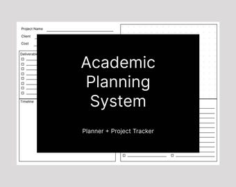 Puede incluir: Un planificador académico blanco con una superposición rectangular negra que dice "Academic Planning System" en texto blanco. Debajo del texto está "Planner + Project Tracker". El planificador incluye secciones para nombres de proyectos, clientes, costos, entregables y plazos.