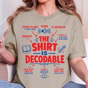 May include: A sandstone-colored t-shirt featuring red and blue text and graphics. The design includes the phrase THE SHIRT IS DECODABLE surrounded by educational linguistic notes like CLOSED SYLLABLE, DIGRAPHS, and R-CONTROLLED with icons.