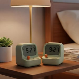 May include: Two mint green digital alarm clocks with orange buttons sit on a wooden nightstand. Each clock displays the time 9:27 in a digital format. A beige lamp and a succulent plant in a white pot are also visible.