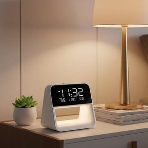 May include: A white bedside alarm clock with a digital display showing the time, date, and day of the week. The clock has a built-in night light and sits on a white nightstand next to a small potted plant and a gold lamp.