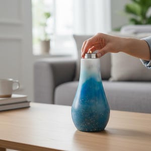 May include: A blue and white decorative candle holder with a silver top. A hand is placing a small lit candle into the holder. The holder is on a wooden table, with a couch and plants in the background.