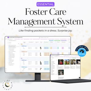 Könnte beinhalten: Ein Computermonitor und ein Laptop zeigen eine Benutzeroberfläche für ein Pflegefamilien-Managementsystem. Der Text lautet "Essential Foster Care Management System" und "Editable with Airtable". Die Oberfläche zeigt Datensätze und Bilder.