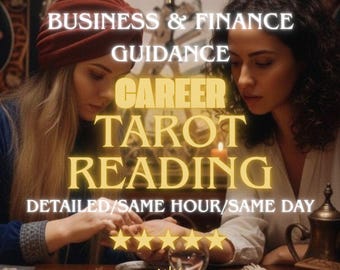 May include: An image promoting tarot readings. The text includes "BUSINESS & FINANCE GUIDANCE CAREER TAROT READING DETAILED/SAME HOUR/SAME DAY". Two women are seated at a table with a crystal ball and other items. The image has a warm, inviting color palette.