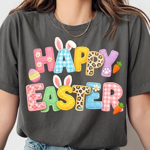 Feliz Pascua PNG, Lindo diseño de texto de Pascua, Sublimación de letras patchwork, Diseño de camiseta de Pascua, Estilo conejito coqueto (Descarga digital)