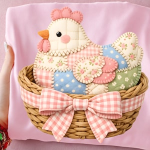 Wielkanocny kurczak PNG, Patchworkowy kurczak Clipart, Wielkanocny wystrój domu w stylu wiejskim, Uroczy wiosenny kurczak, Sublimacja PNG