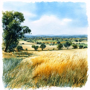 Peut inclure: Une peinture à l'aquarelle d'un vaste paysage présentant un champ de blé doré au premier plan, des arbres verts dispersés sur des collines vallonnées et une chaîne de montagnes lointaine sous un ciel bleu vif avec des nuages blancs.