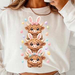 May include: White sweatshirt featuring a stack of three cartoon Highland cows, each adorned with bunny ears and Easter egg accents. The top cow wears a pink bow, the middle cow has glasses, and the bottom cow has a floral crown. Pastel eggs are scattered around the cows.