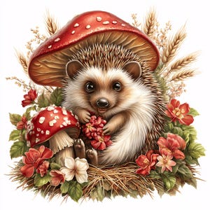 Può includere: Un'illustrazione affascinante di un riccio circondato da fiori e funghi. Il riccio, con pelliccia marrone e bianca, tiene bacche rosse. Un grande fungo rosso con pois bianchi offre riparo. La scena è incorniciata da fiori rossi e bianchi.