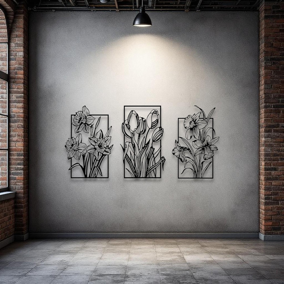 Floral Metal Wall Art: Black Steel Botanical Panels (set of 3) - Etsy