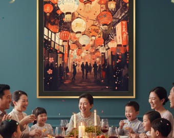 Año Nuevo Chino 2026, Impresión del Festival de los Faroles Chinos, Arte Mural del Año Nuevo Lunar, Decoración Cultural Asiática, Póster de Faroles Rojos y Dorados, Arte Asiático Moderno