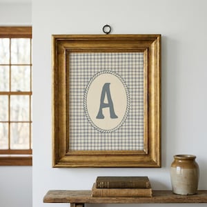 May include: A framed wall art piece featuring the letter "A" in a gray oval with a rope-like border. The background is a blue and beige gingham pattern. The frame is gold and the artwork is hanging on a white wall.