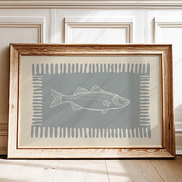 Lámina decorativa infantil de estilo costero, con estampado de peces azul claro dibujado a mano (enmarcada).