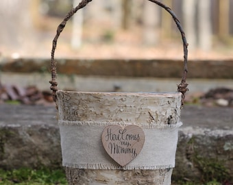 Here Comes my Mommy Birch Flower Girl Basket Rustic Shabby Chic Woodland Weddings