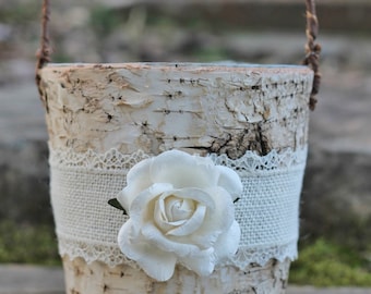 Birch Bark Rustic Flower Girl Basket Burlap Lace and A Paper Rose