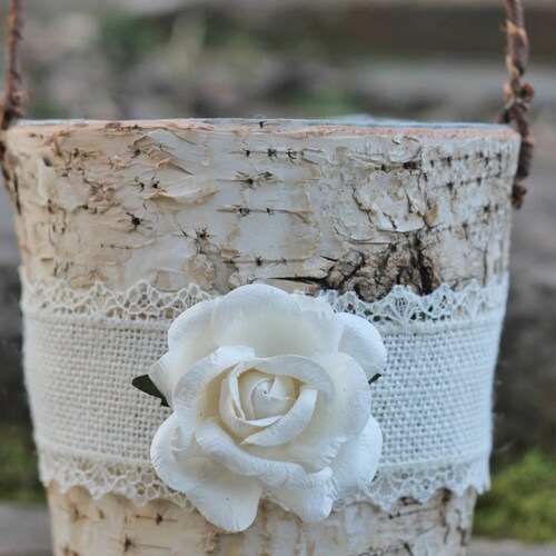 Birch Bark Rustic Flower Girl Basket Burlap Lace and A Paper Etsy