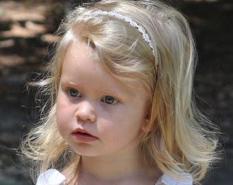 Flower Girl Headband Pearls and Lace Ivory or White Wedding Bridal, Christening, Child Headband Baby Girl
