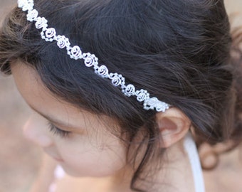 Flower Girl Headpiece Headband Pearls and Lace Ivory or White Wedding Bridal, Christening, Child Headband Baby Girl