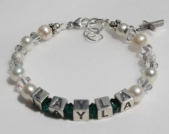 Charm Name Bracelet Birthstone Choice Flower Girl, Baby Bracelet Sparkle Beads and Pearls