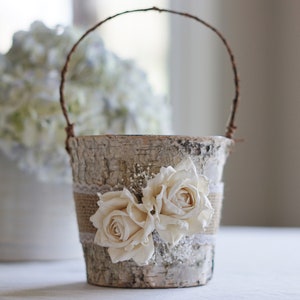 Birch Flower Girl Basket Rustic, Burlap Lace and Roses babys breath image 2