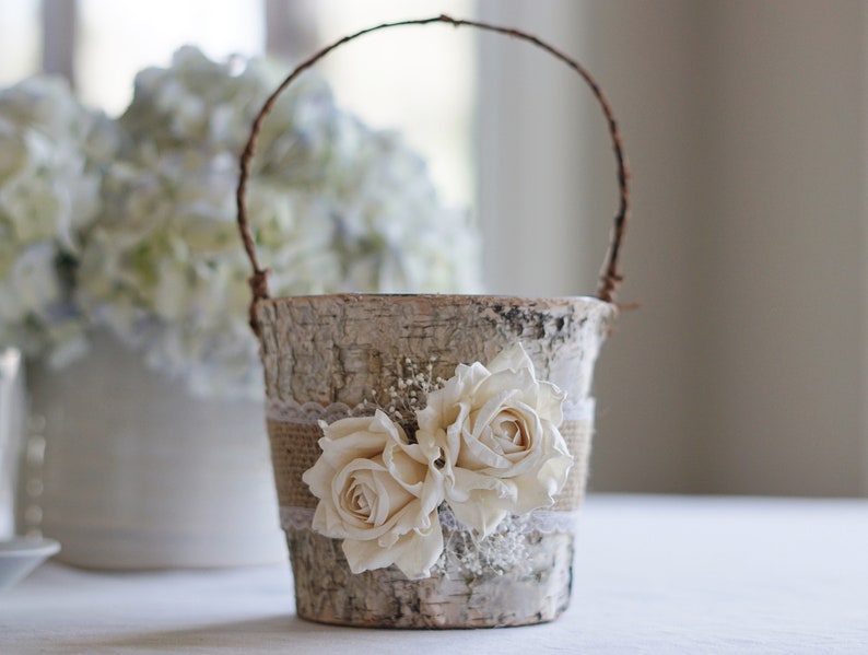 Birch Flower Girl Basket Rustic, Burlap Lace and Roses babys breath image 2