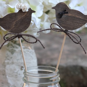 Love Birds Cake Toppers Wedding Cupcake Toppers, Bride Groom Cake Toppers, Roses, Rustic Wedding image 1