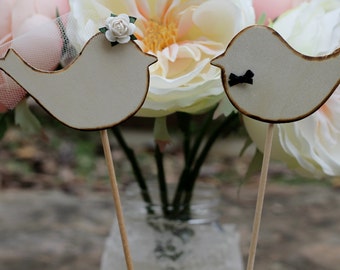 Love Bird Cake Toppers, Cupcake Toppers, Rose, Bow Tie, and Veil, Rustic Shabby Chic Weddings