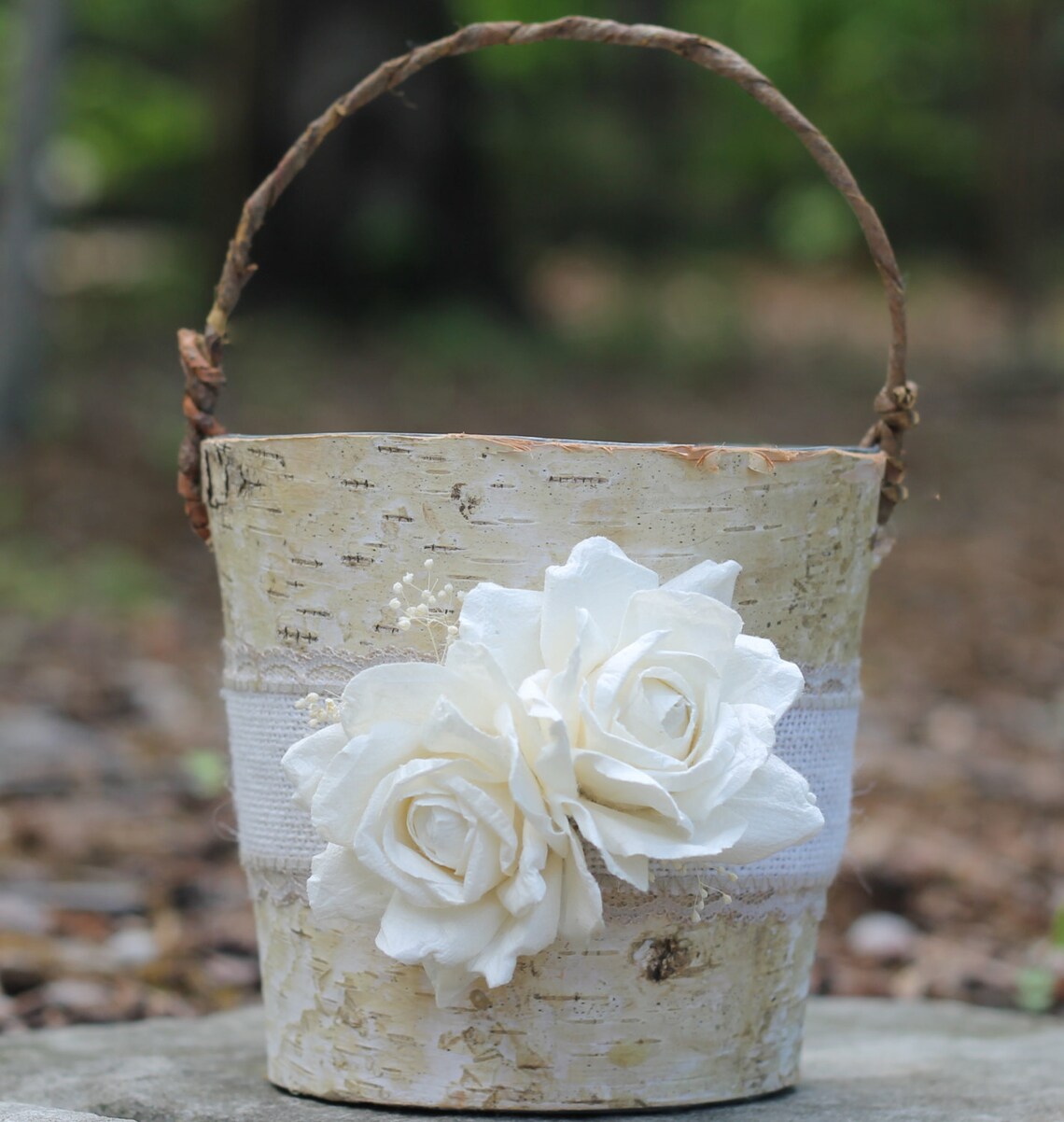 Birch Flower Girl Basket Rustic Burlap Lace and Roses Etsy