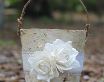 Birch Flower Girl Basket Rustic, Burlap Lace and Roses