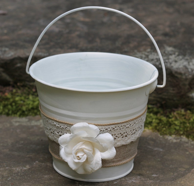 Flower Girl Basket Pail Linen and Lace, Rustic Shabby Chic Wedding image 2