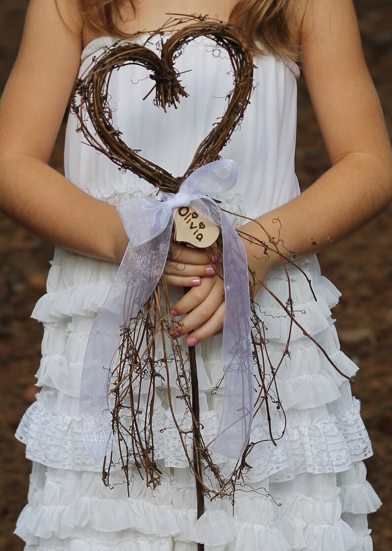 Flower Girl Basket Alternative Heart Wand With Personalized Heart And Sheer Organza Ribbon, Rustic, Cottage Weddings image 3