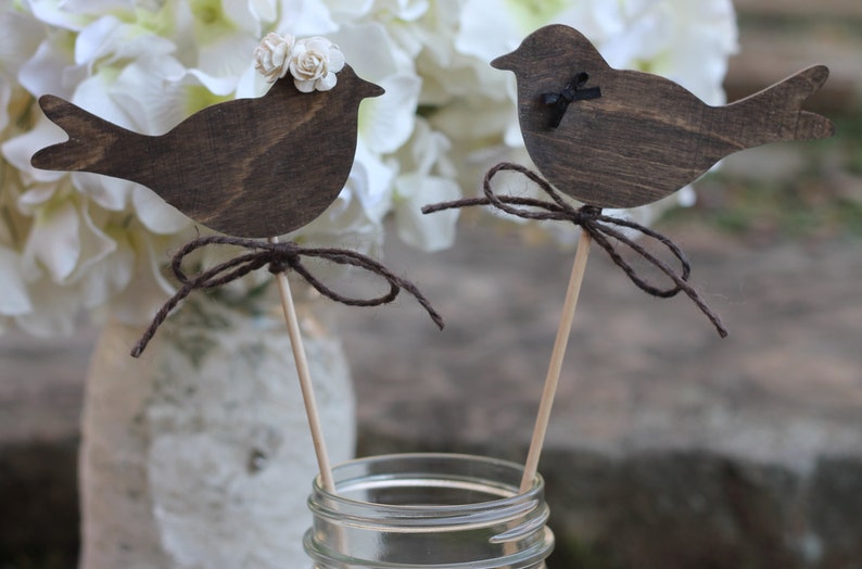 Love Birds Cake Toppers Wedding Cupcake Toppers, Bride Groom Cake Toppers, Roses, Rustic Wedding image 3