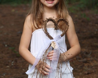 Flower Girl Basket Alternative - Heart Wand With Personalized Heart And Sheer Organza Ribbon, Rustic, Cottage Weddings