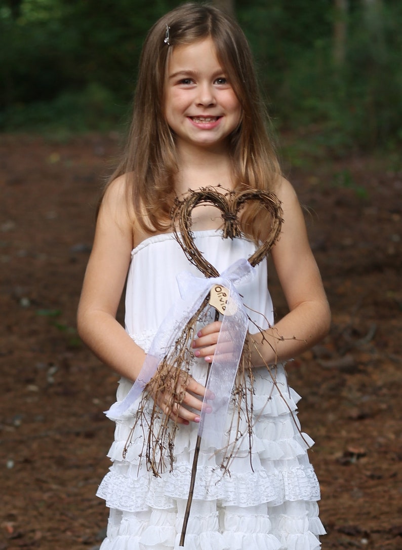 Flower Girl Basket Alternative Heart Wand With Personalized Heart And Sheer Organza Ribbon, Rustic, Cottage Weddings image 1