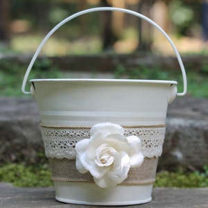 Flower Girl Basket Pail Linen and Lace, Rustic Shabby Chic Wedding image 1